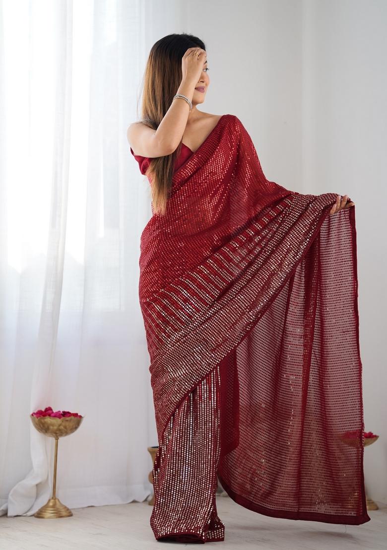 Red Embroidered Georgette Saree Set