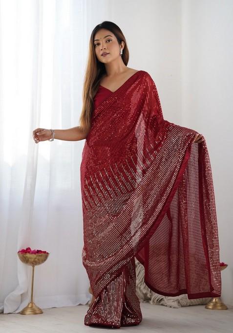 Red Embroidered Georgette Saree Set