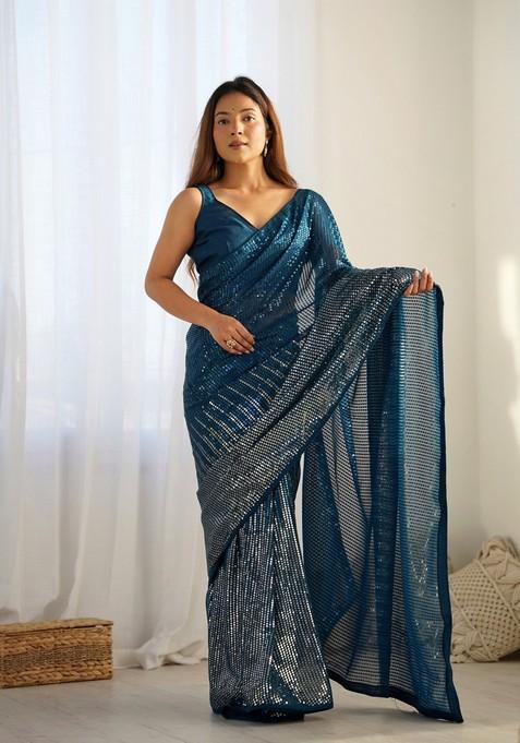 Teal Blue Embroidered Georgette Saree Set
