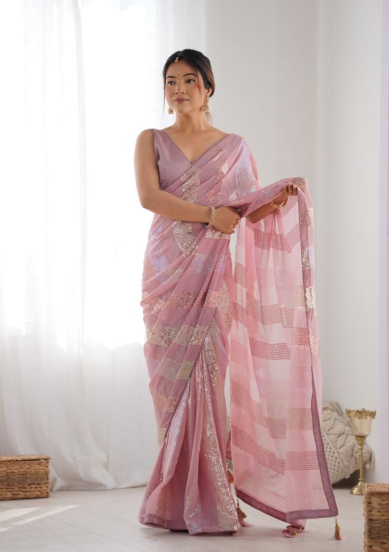Onion Sequin Embroidered Georgette Saree Set