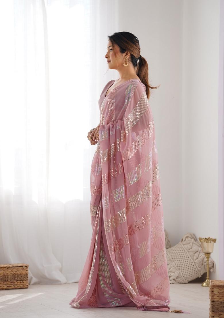Onion Sequin Embroidered Georgette Saree Set