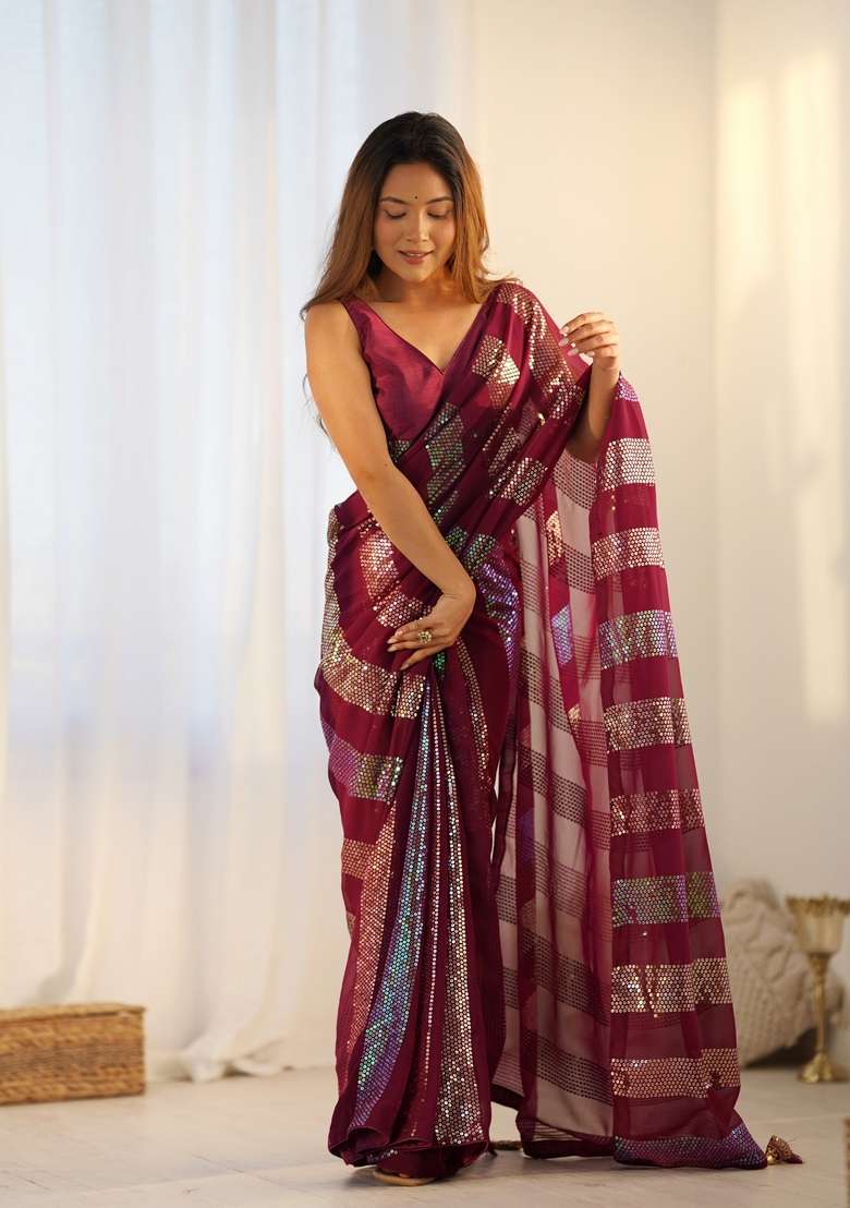 Red Sequin Embroidered Georgette Saree Set - Indya