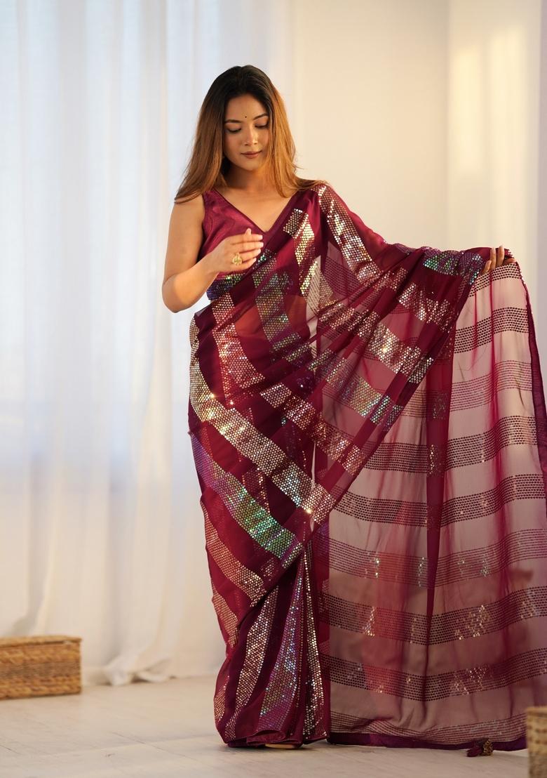 Red Sequin Embroidered Georgette Saree Set