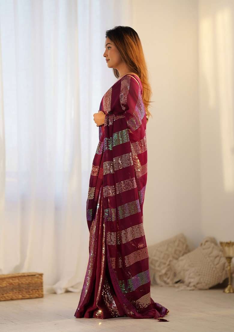 Red Sequin Embroidered Georgette Saree Set - Indya