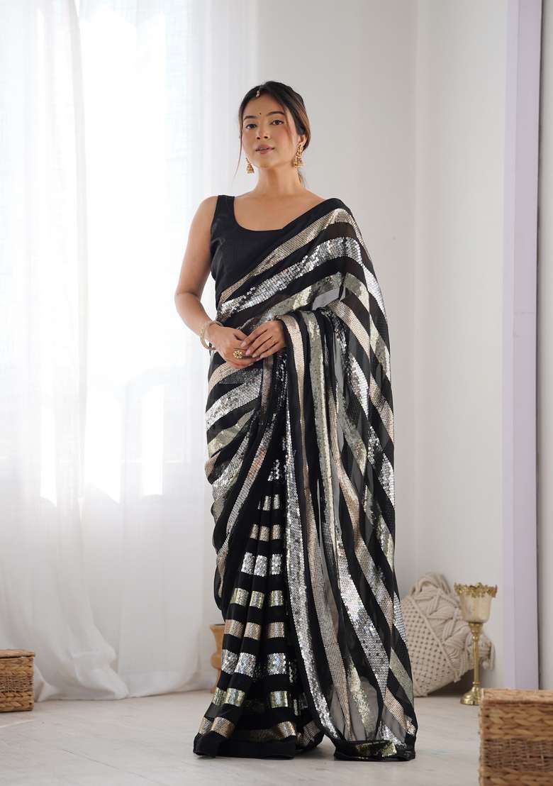 Black Sequin Embroidered Georgette Saree Set - Indya