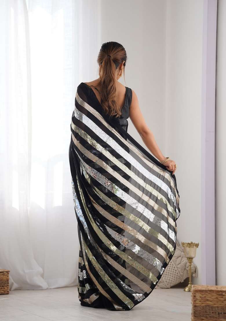Black Sequin Embroidered Georgette Saree Set - Indya