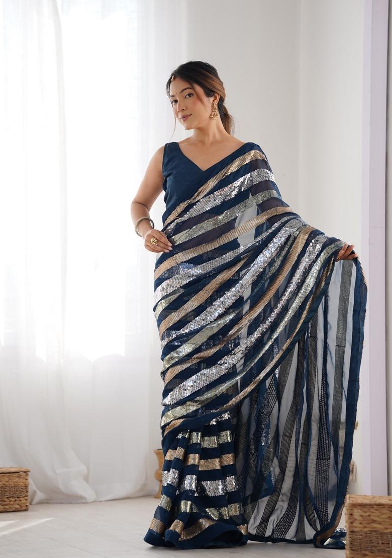 Teal Blue Sequin Embroidered Georgette Saree Set