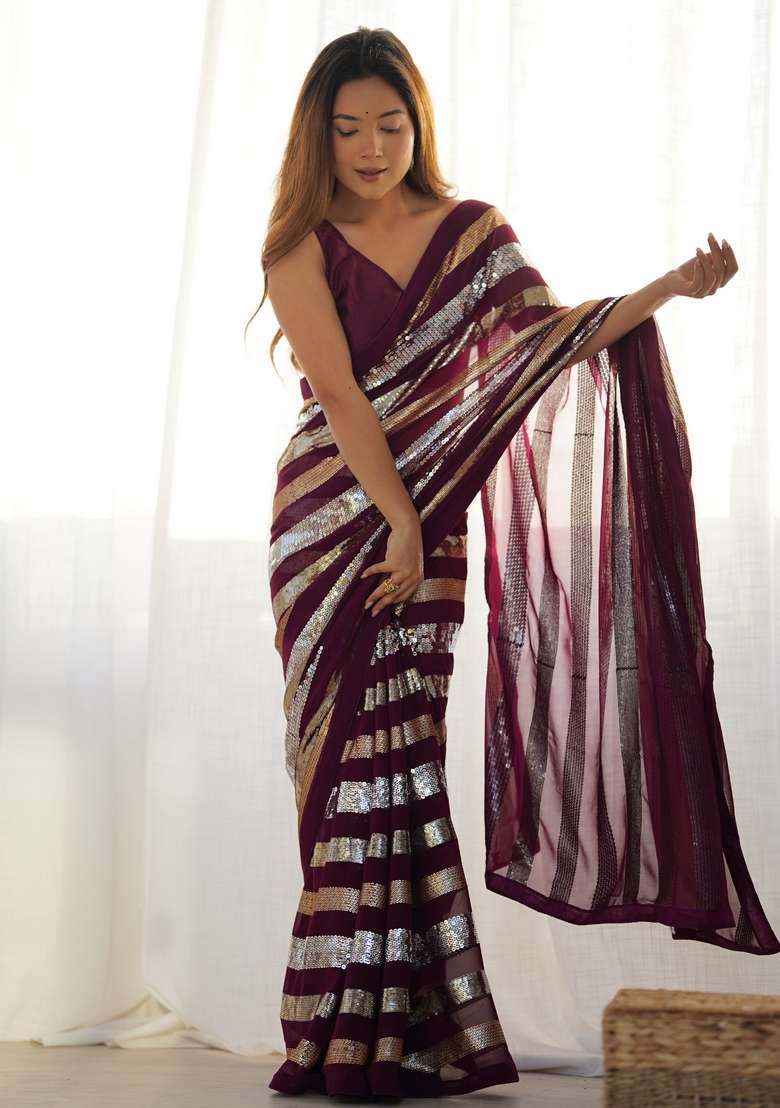 Wine Sequin Embroidered Georgette Saree Set - Indya