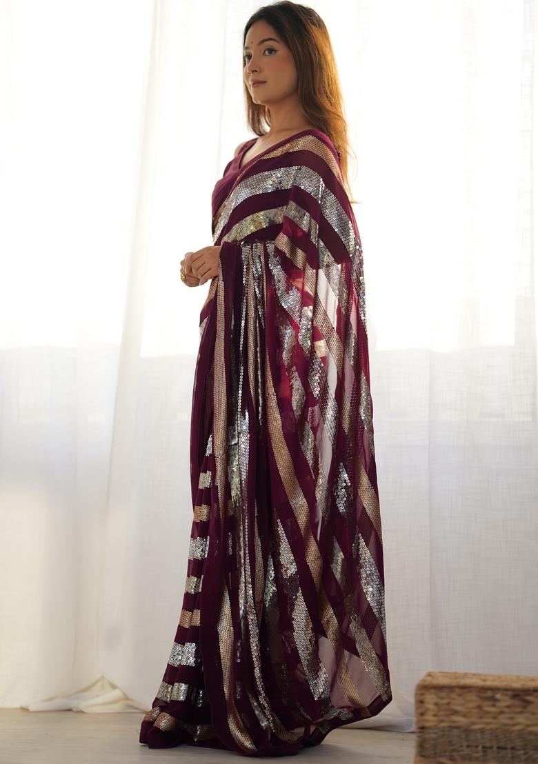 Wine Sequin Embroidered Georgette Saree Set