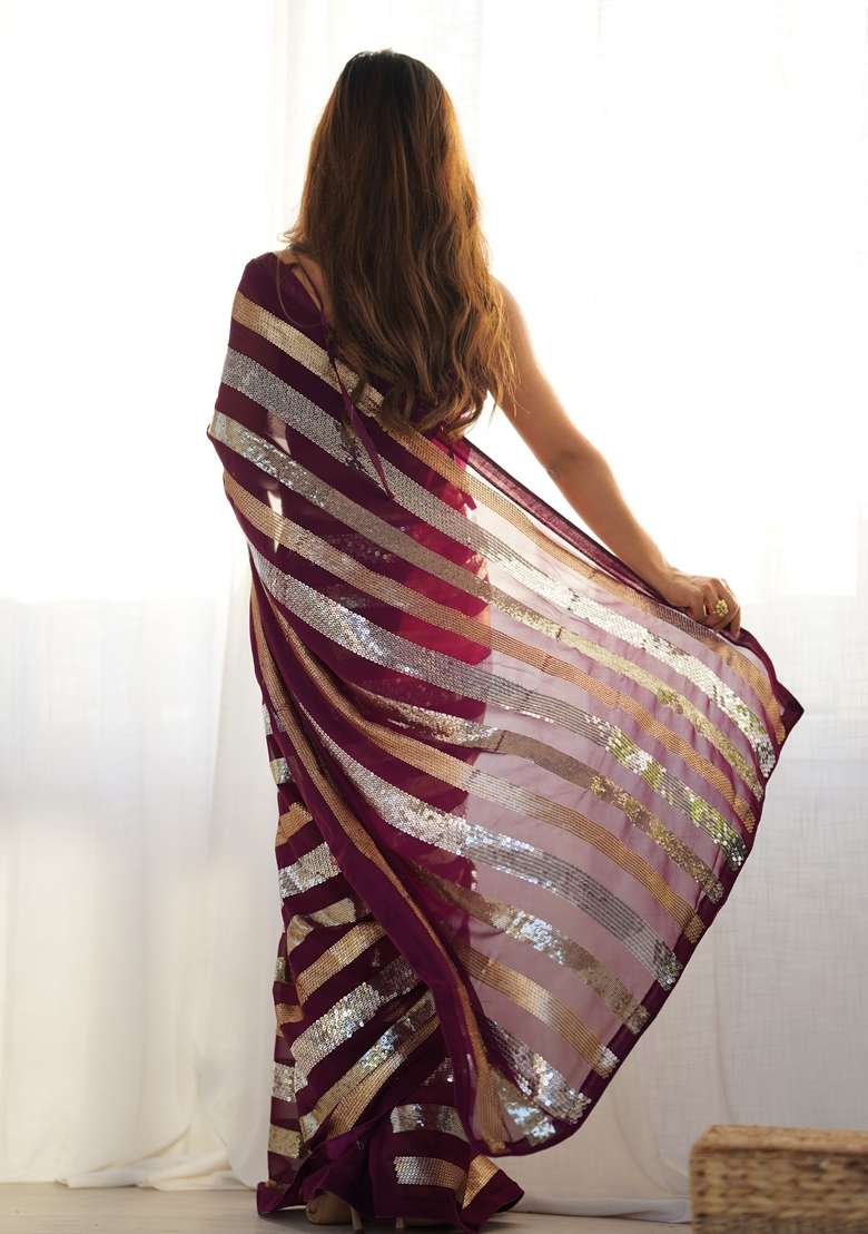 Wine Sequin Embroidered Georgette Saree Set - Indya