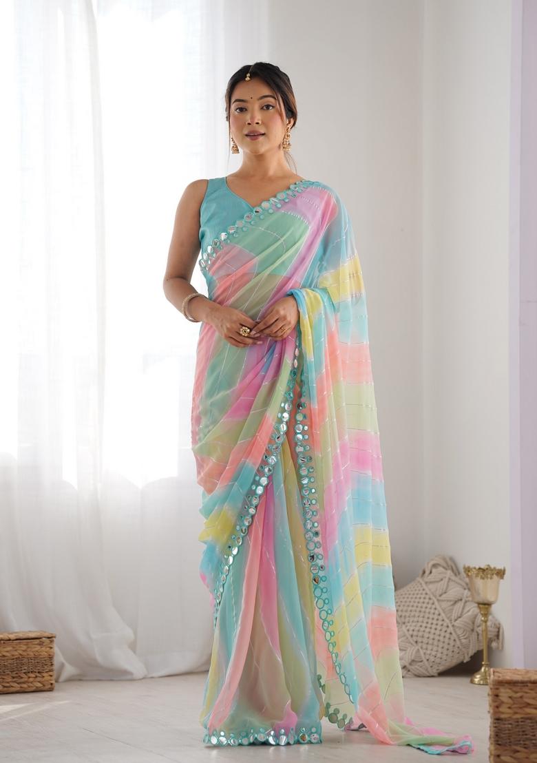 Multi Printed Georgette Saree Set
