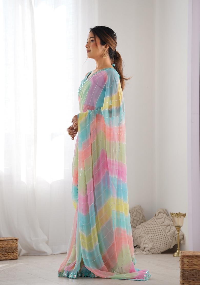 Multi Printed Georgette Saree Set