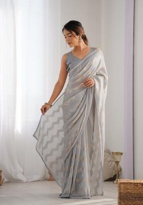 Grey Sequin Embroidered Georgette Saree Set