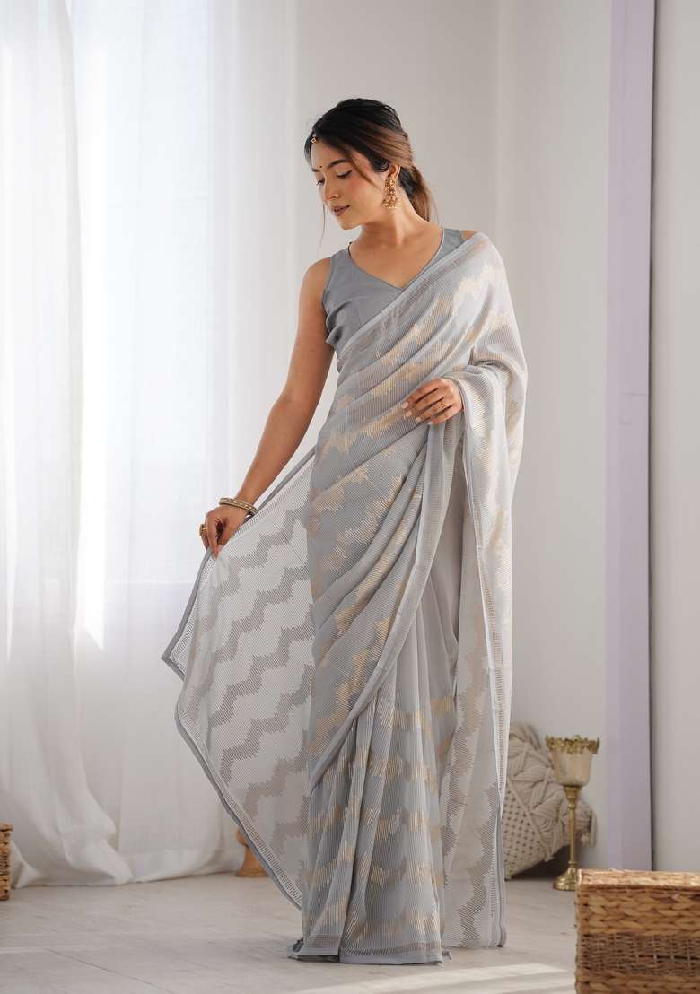 Grey Sequin Embroidered Georgette Saree Set - Indya