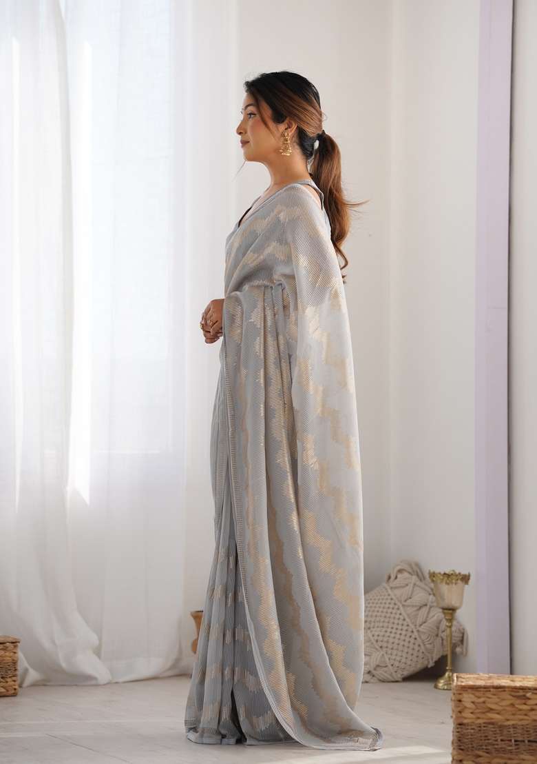 Grey Sequin Embroidered Georgette Saree Set - Indya