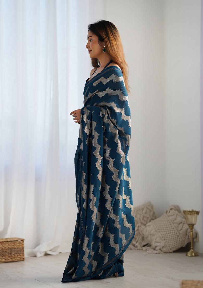 Teal Blue Sequin Embroidered Georgette Saree Set