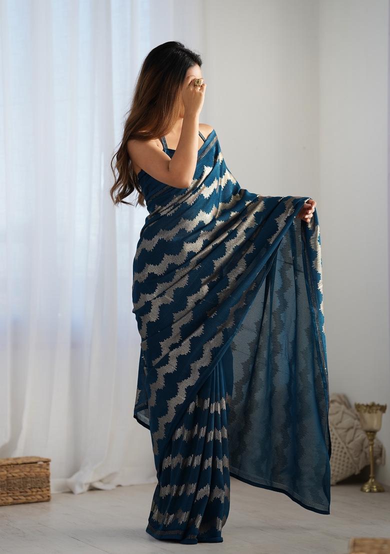Teal Blue Sequin Embroidered Georgette Saree Set