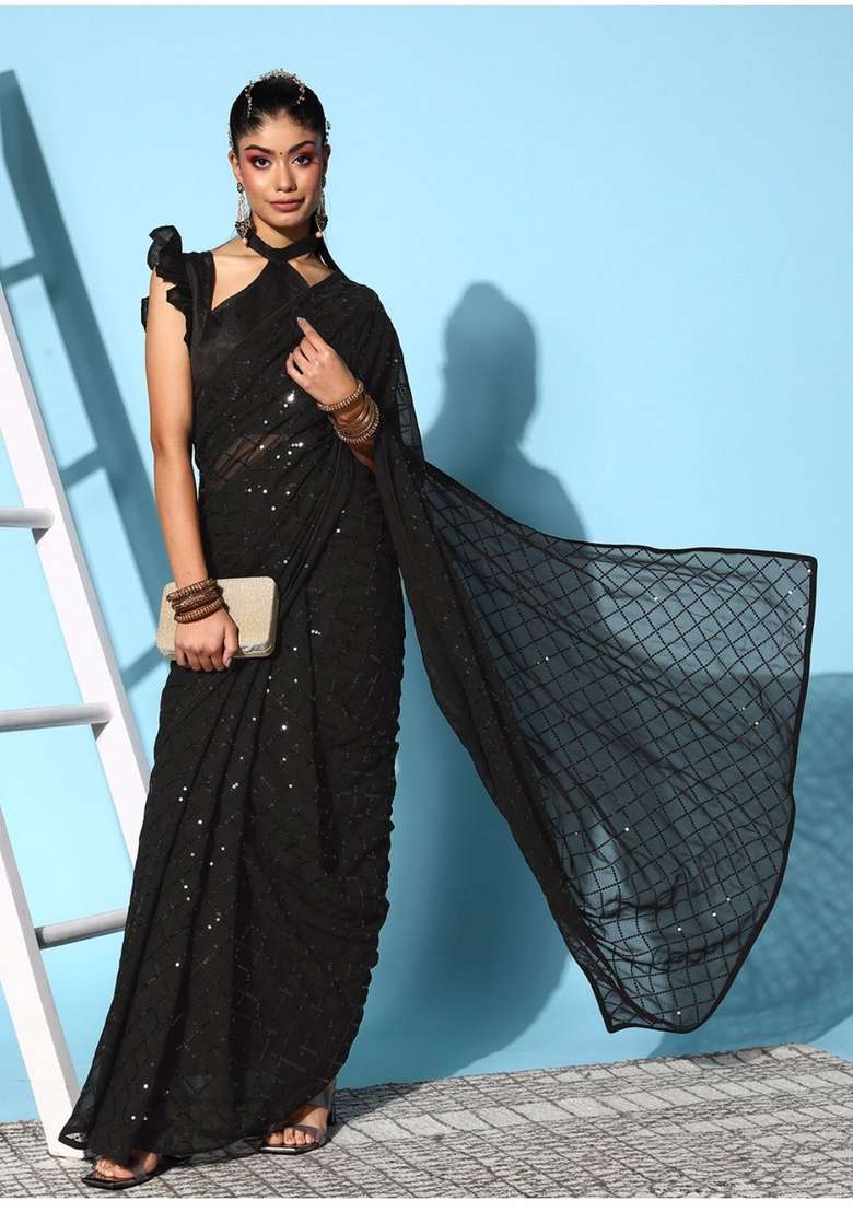 Black Sequin Embroidered Georgette Saree Set - Indya