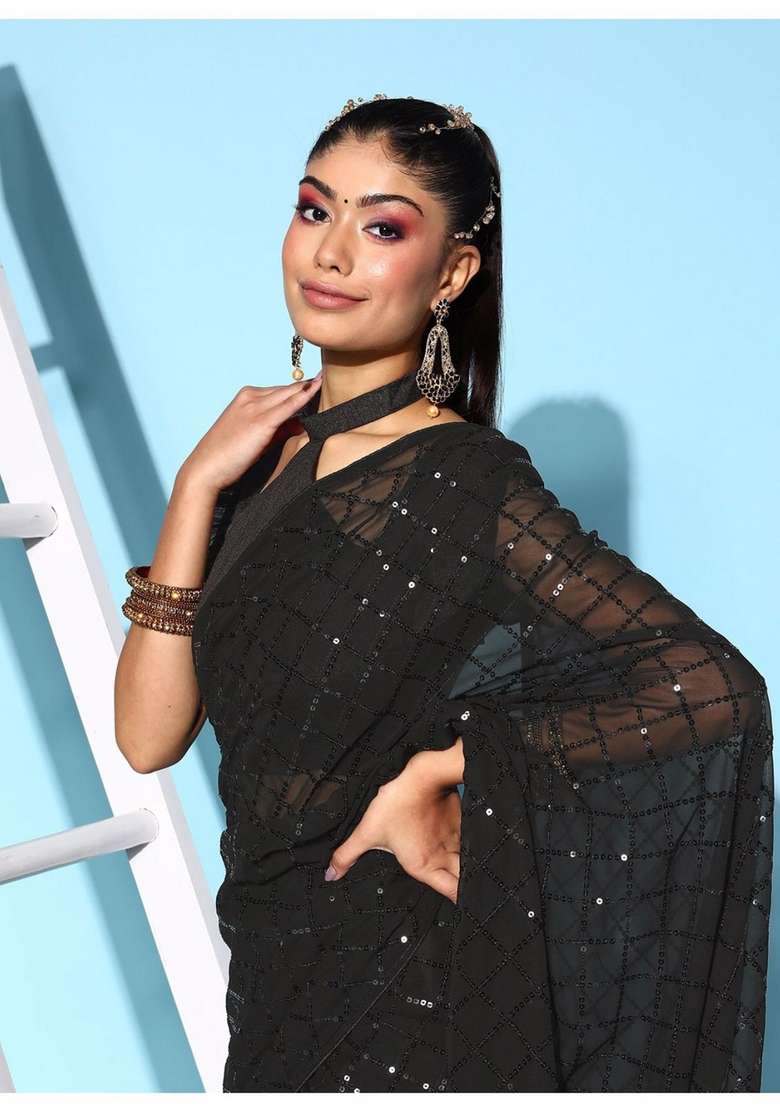 Black Sequin Embroidered Georgette Saree Set - Indya