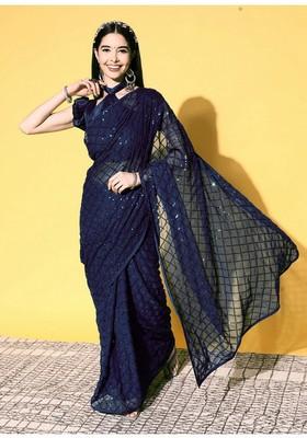 Blue Sequin Embroidered Georgette Saree Set