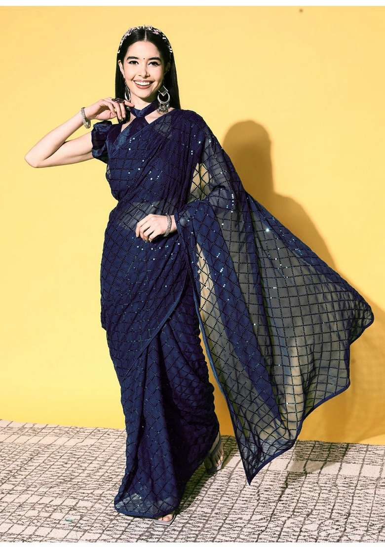 Blue Sequin Embroidered Georgette Saree Set - Indya