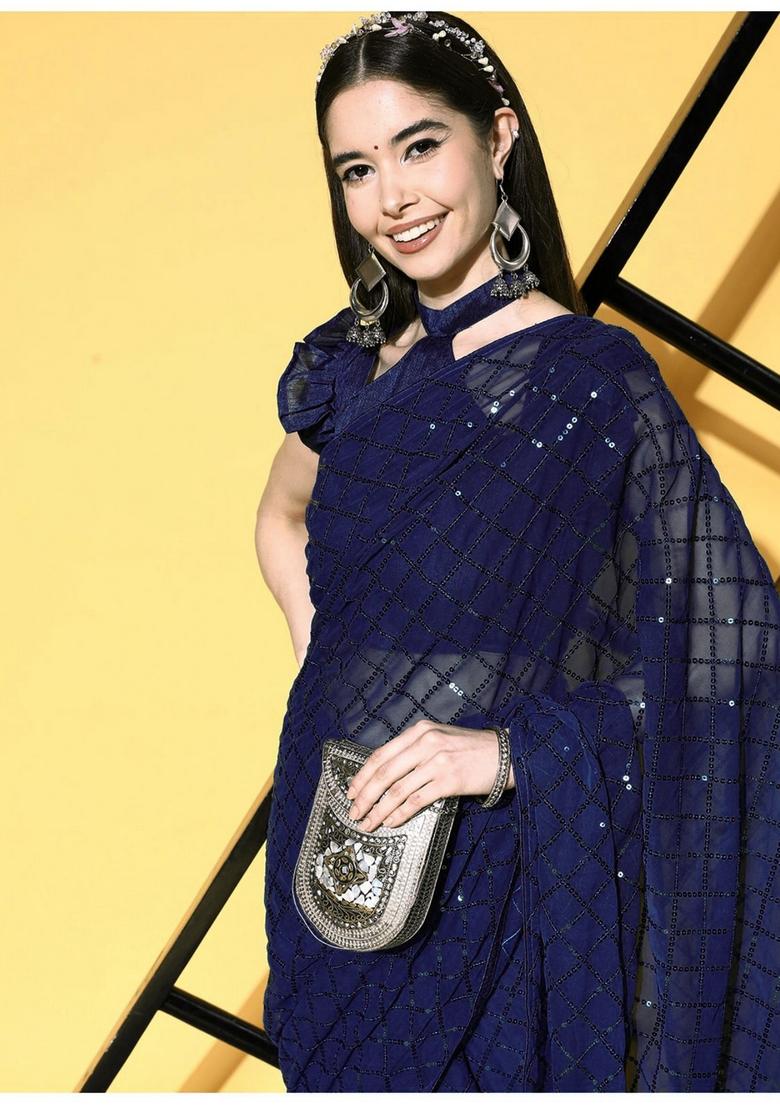 Blue Sequin Embroidered Georgette Saree Set