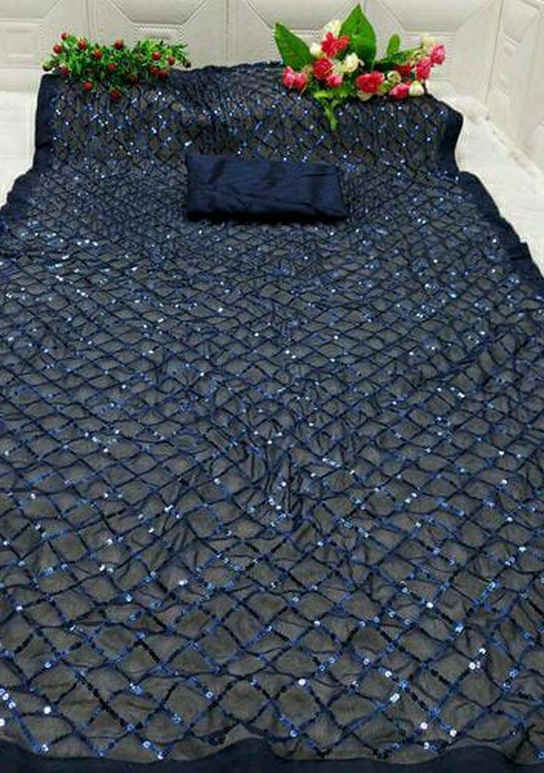 Blue Sequin Embroidered Georgette Saree Set - Indya