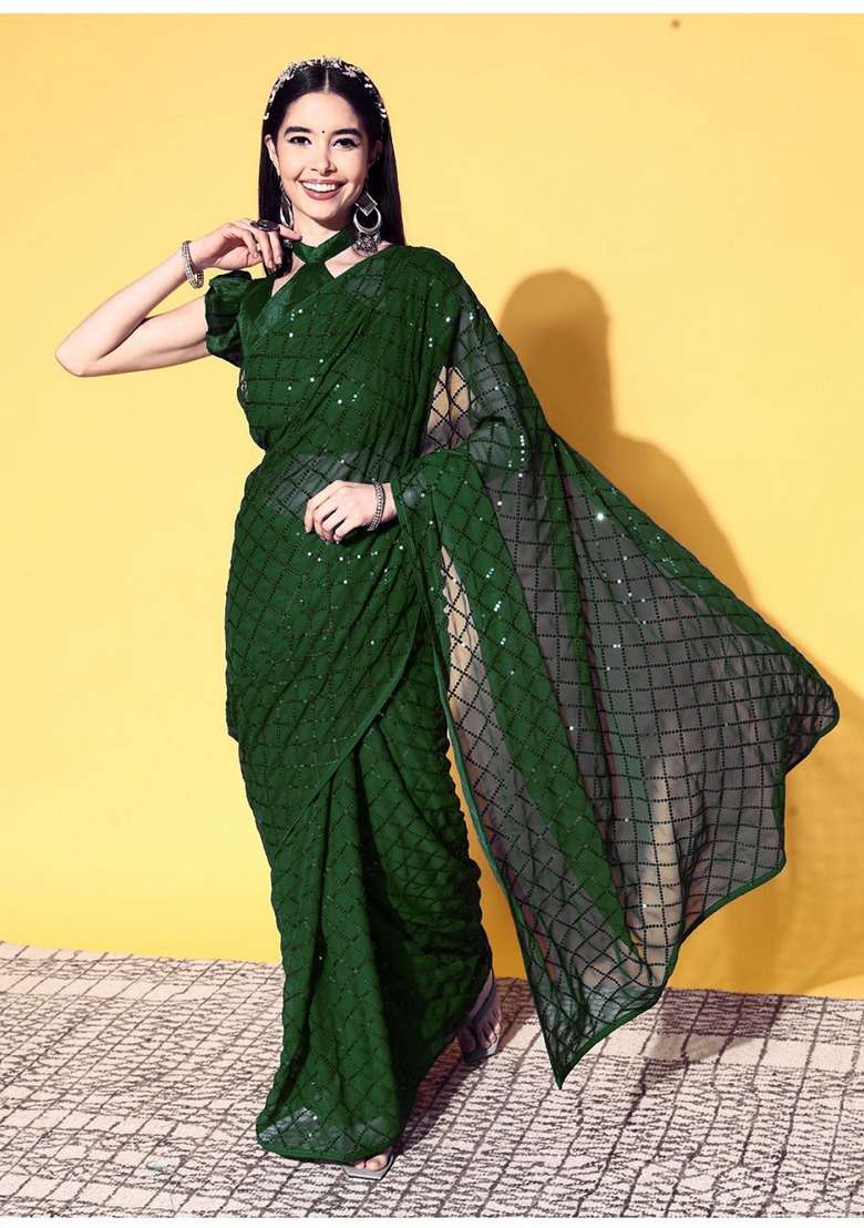 Green Sequin Embroidered Georgette Saree Set - Indya