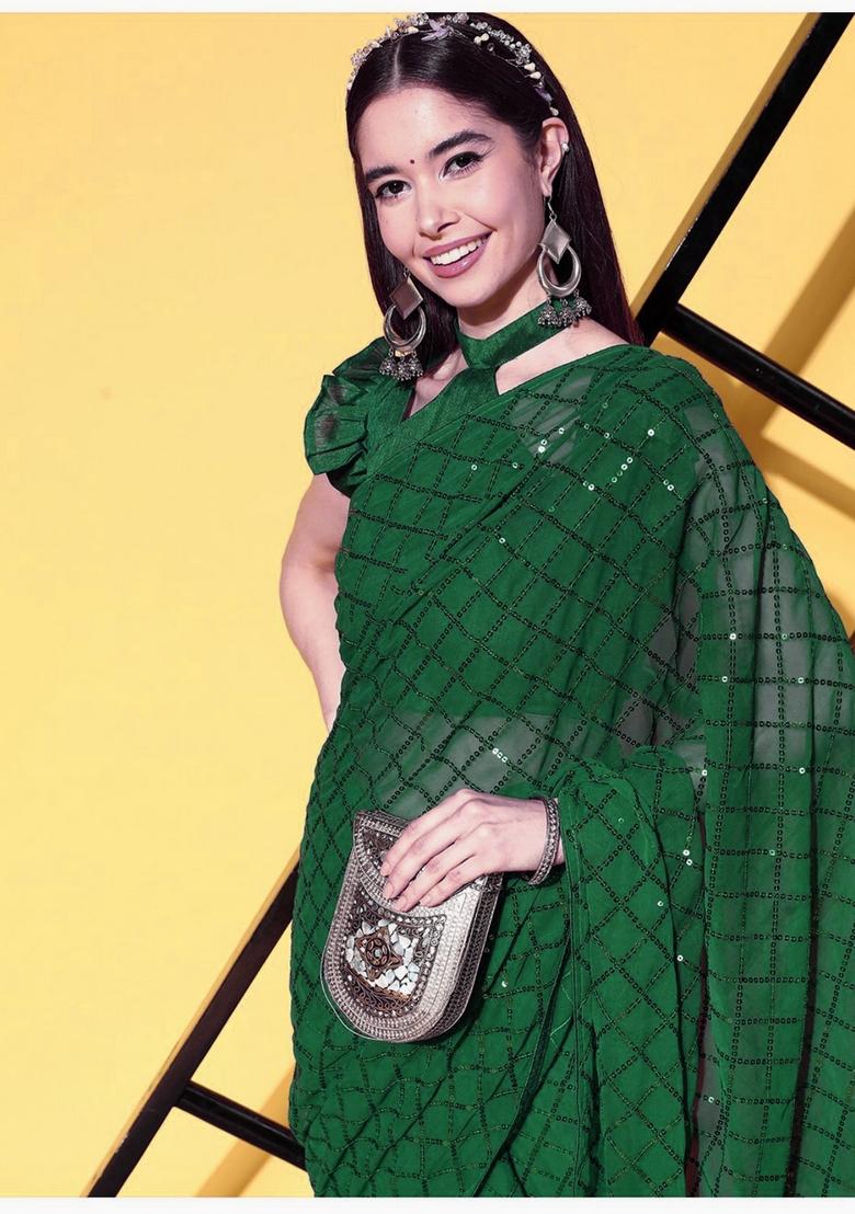 Green Sequin Embroidered Georgette Saree Set