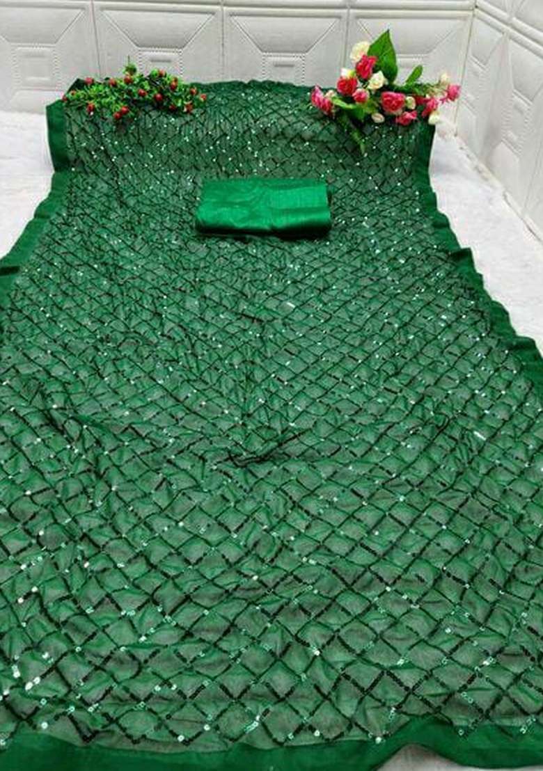 Green Sequin Embroidered Georgette Saree Set - Indya