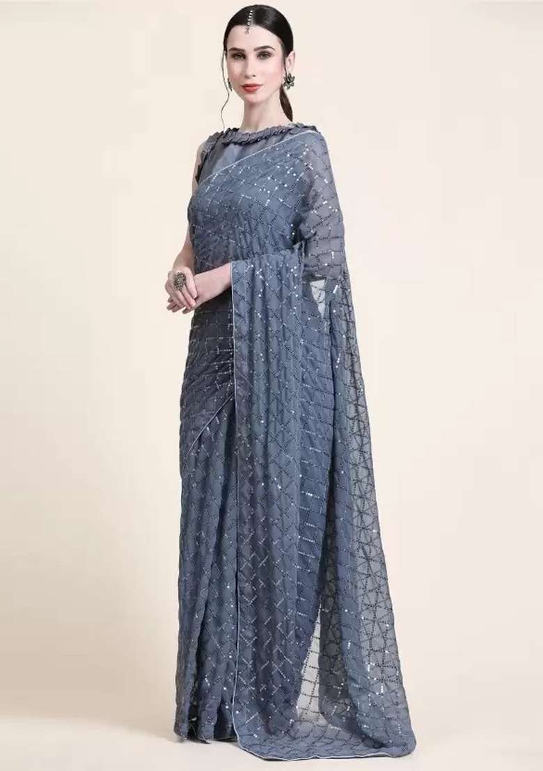 Grey Sequin Embroidered Georgette Saree Set - Indya