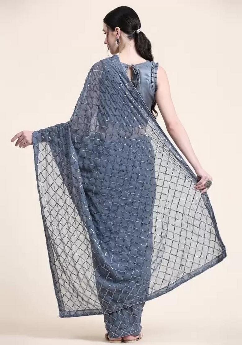 Grey Sequin Embroidered Georgette Saree Set