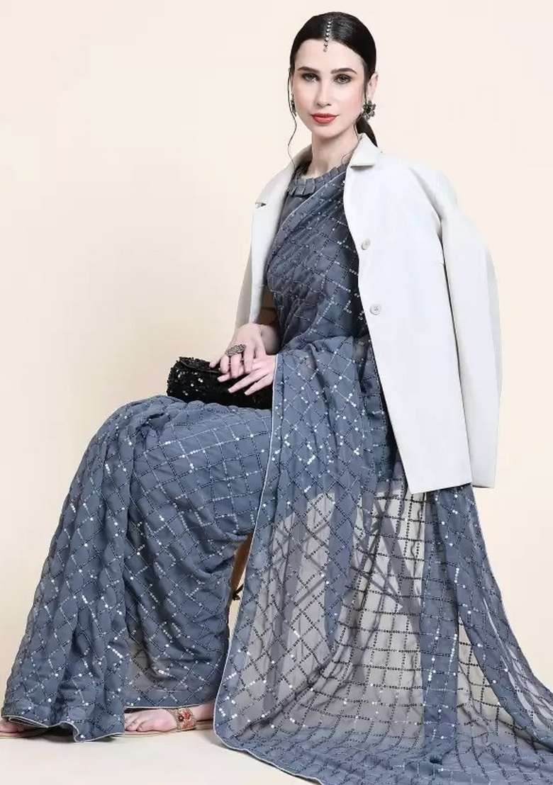 Grey Sequin Embroidered Georgette Saree Set - Indya