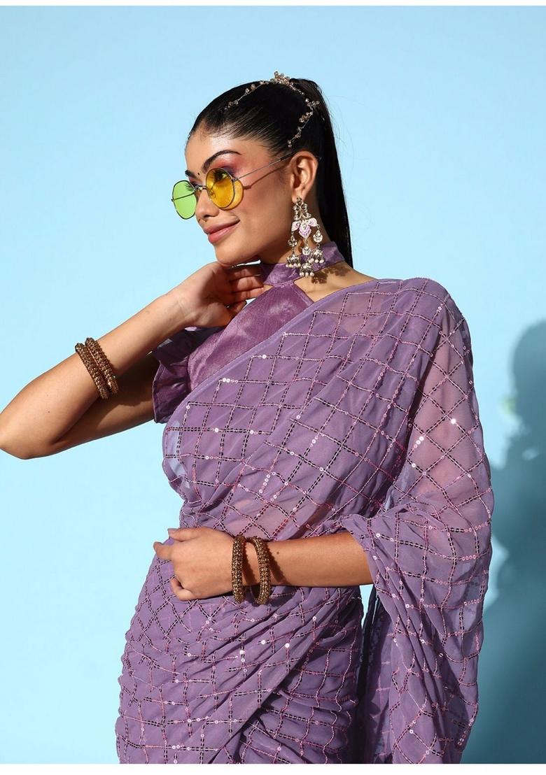 Onion Sequin Embroidered Georgette Saree Set