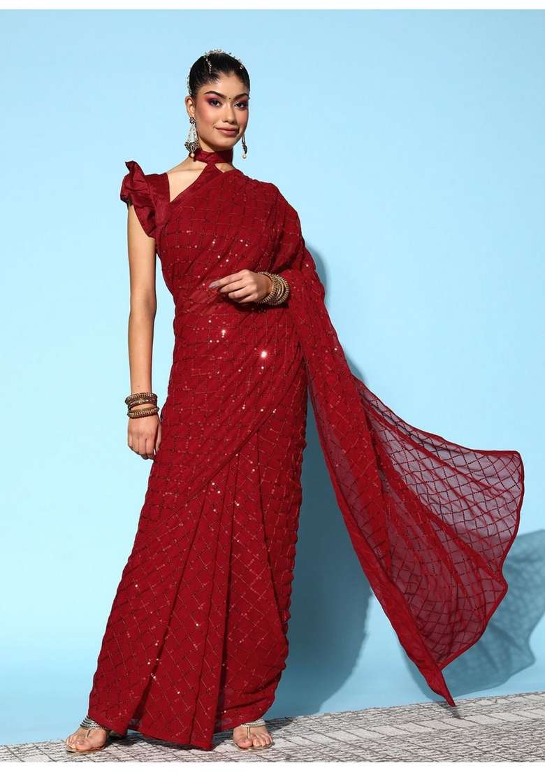 Red Sequin Embroidered Georgette Saree Set - Indya
