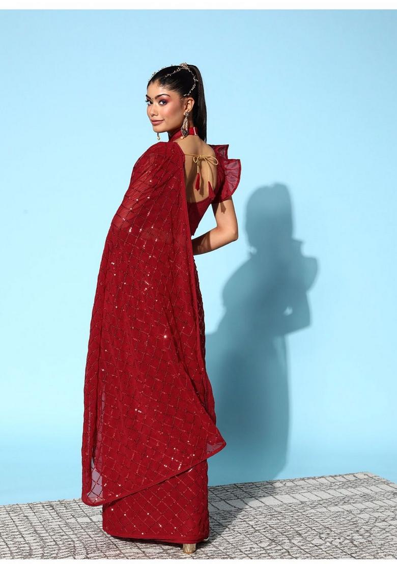 Red Sequin Embroidered Georgette Saree Set