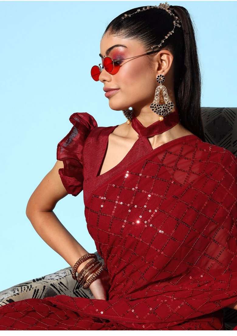 Red Sequin Embroidered Georgette Saree Set - Indya