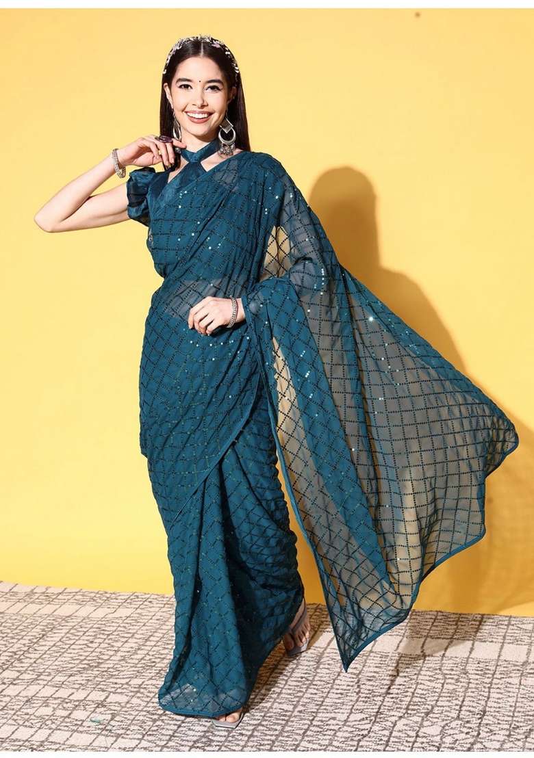 Teal Blue Sequin Embroidered Georgette Saree Set - Indya