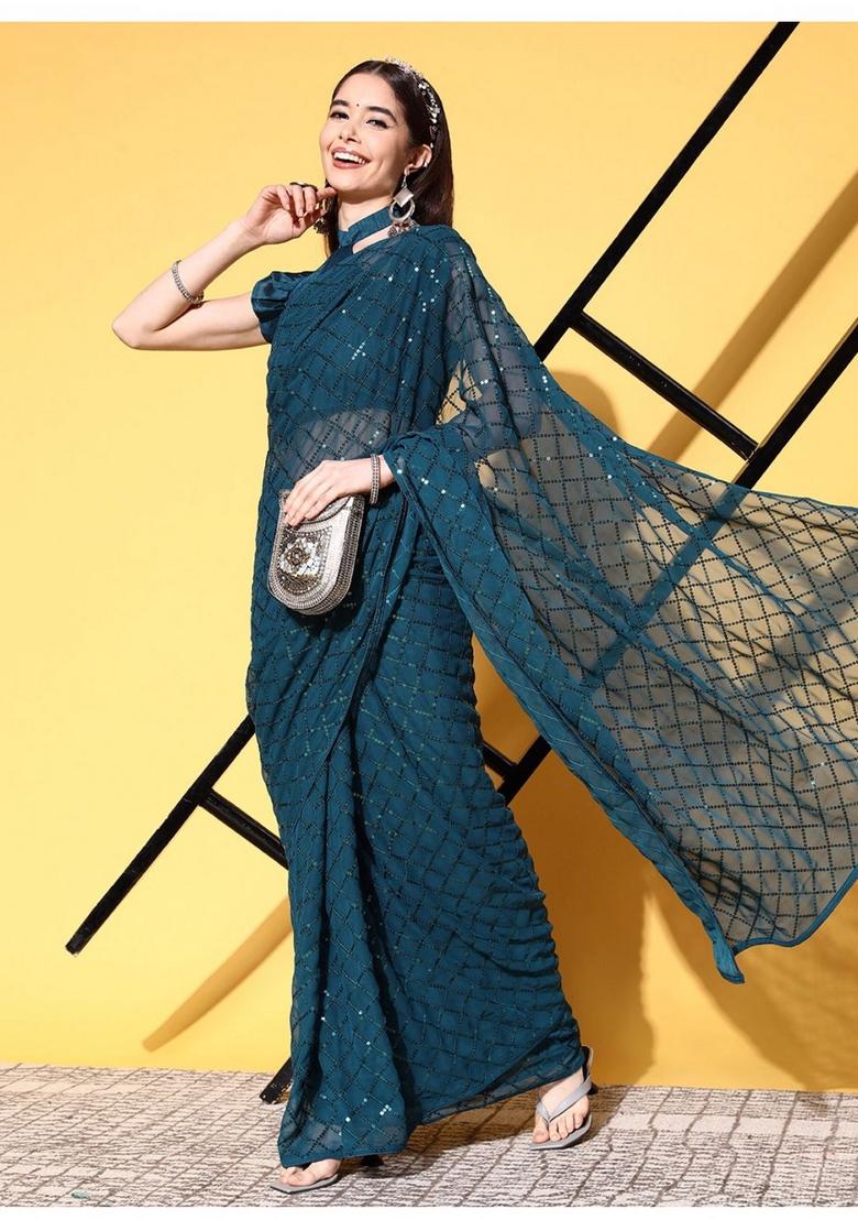Teal Blue Sequin Embroidered Georgette Saree Set