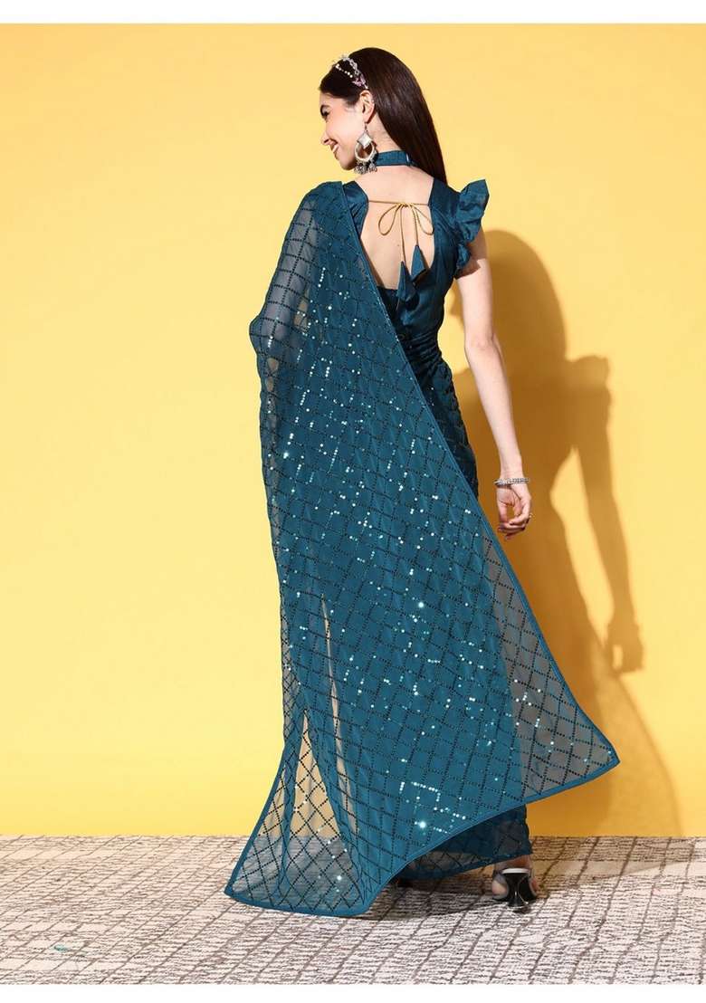 Teal Blue Sequin Embroidered Georgette Saree Set - Indya