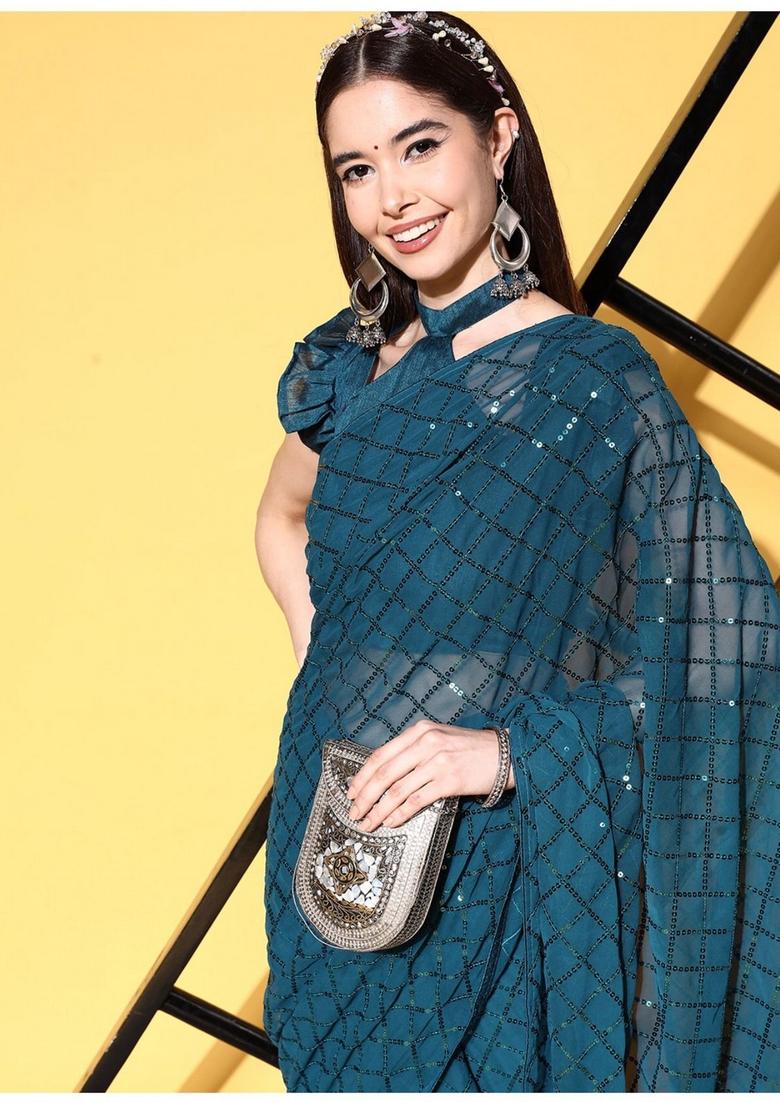 Teal Blue Sequin Embroidered Georgette Saree Set