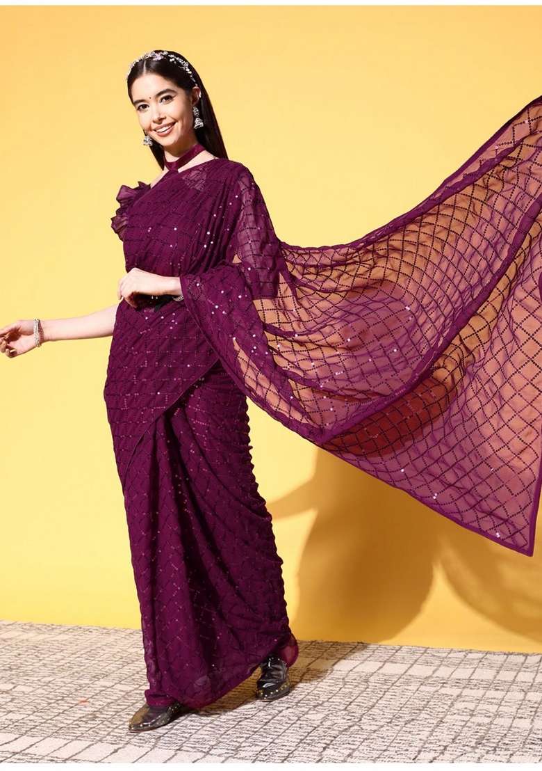 Wine Sequin Embroidered Georgette Saree Set - Indya