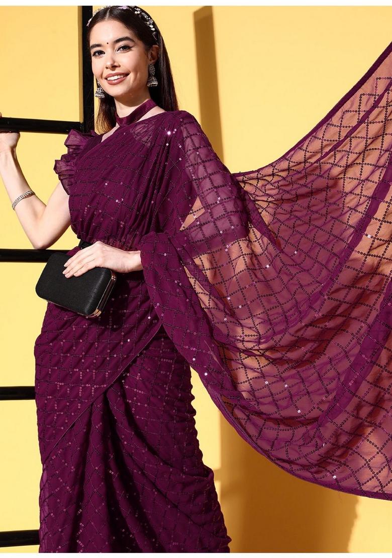 Wine Sequin Embroidered Georgette Saree Set