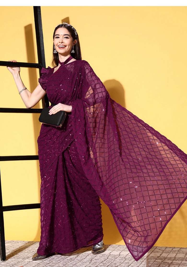 Wine Sequin Embroidered Georgette Saree Set - Indya
