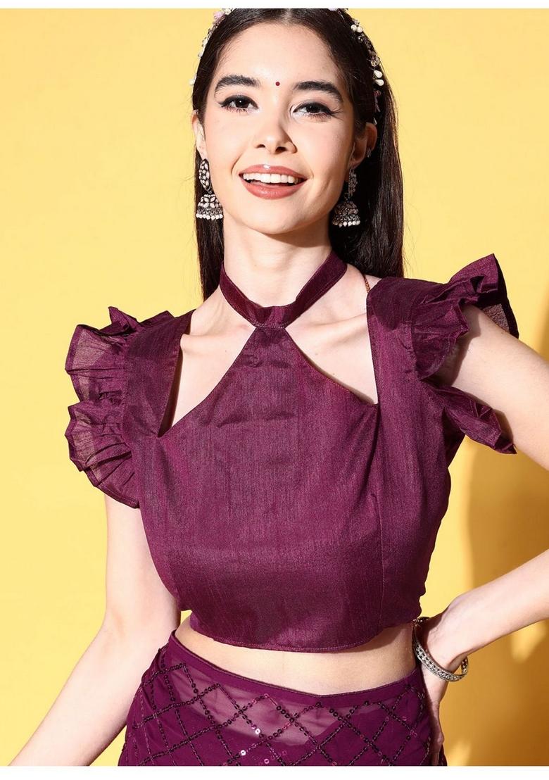 Wine Sequin Embroidered Georgette Saree Set