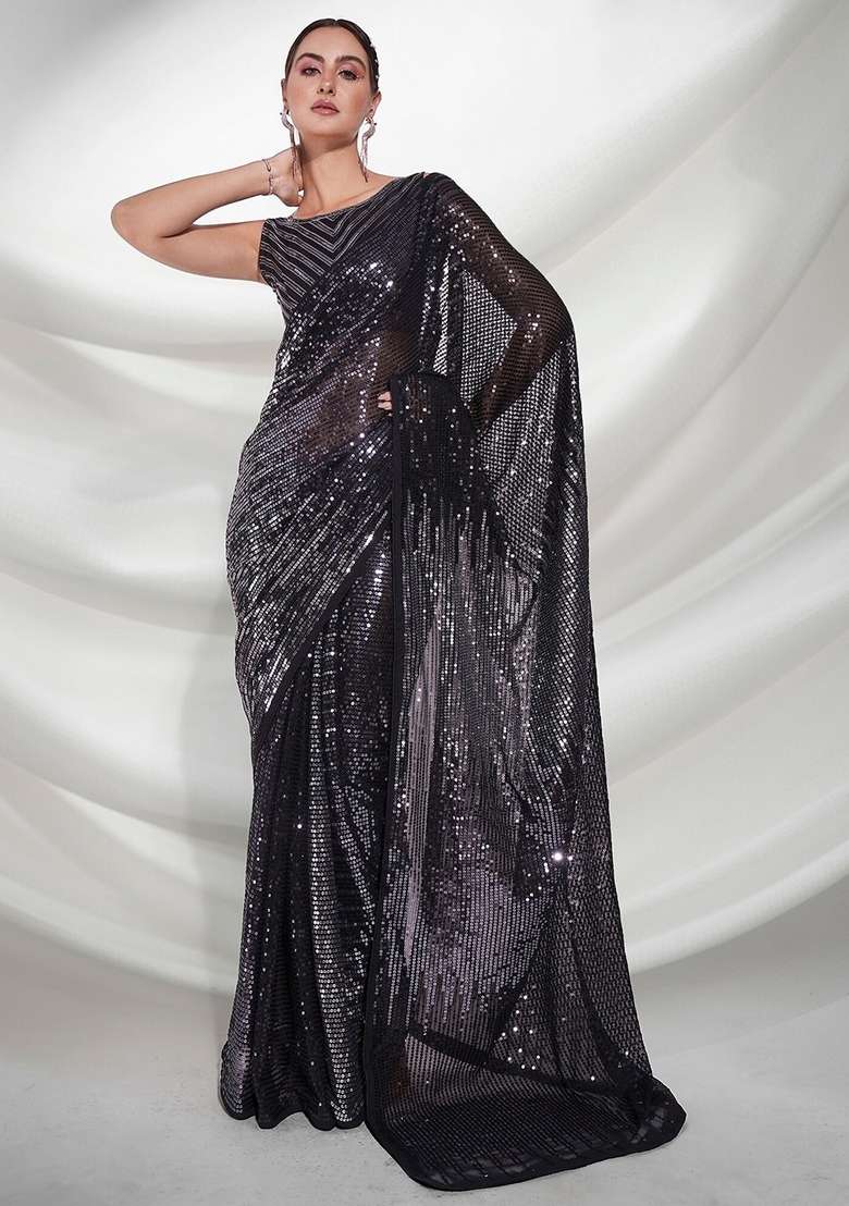 Black Sequin Embroidered Georgette Saree Set - Indya