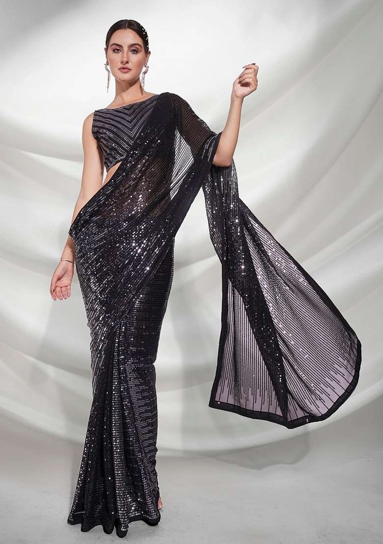 Black Sequin Embroidered Georgette Saree Set - Indya