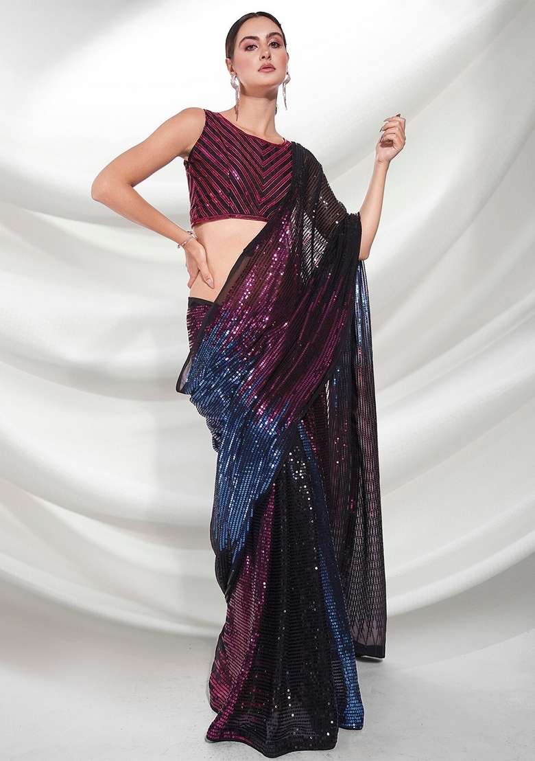 Pink Sequin Embroidered Georgette Saree Set - Indya