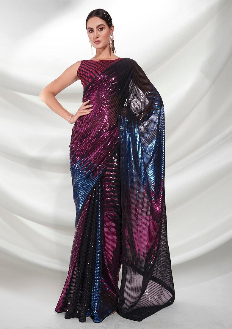 Pink Sequin Embroidered Georgette Saree Set