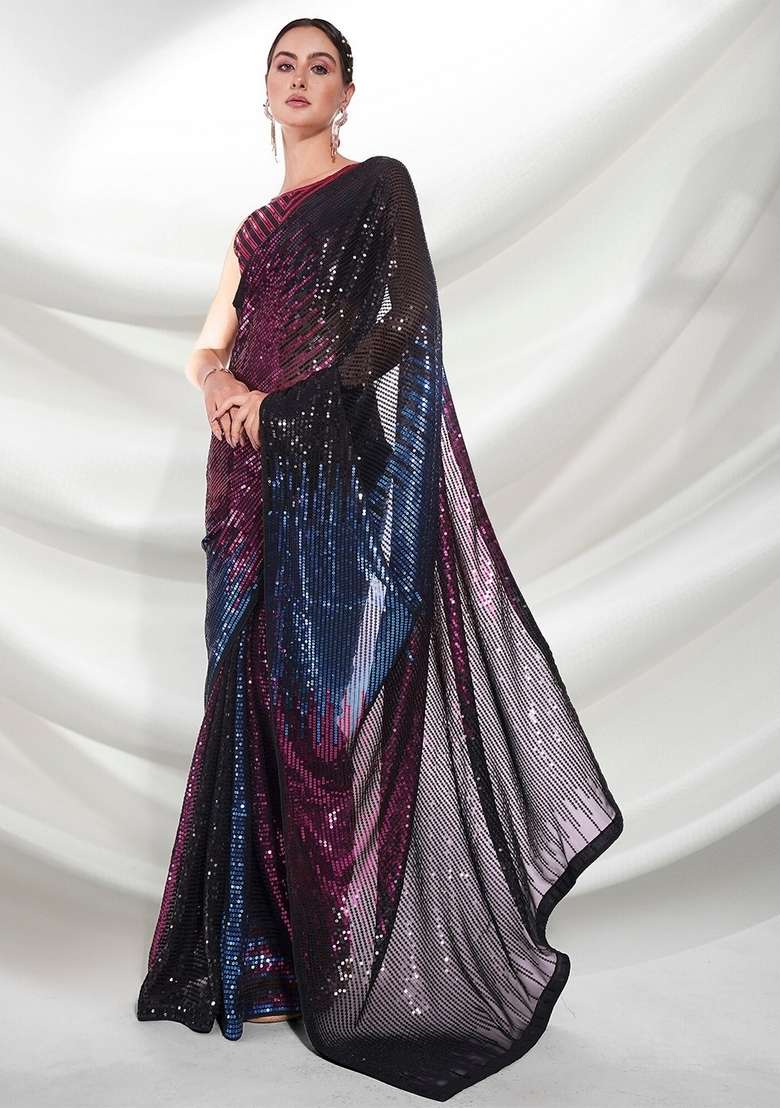 Pink Sequin Embroidered Georgette Saree Set - Indya